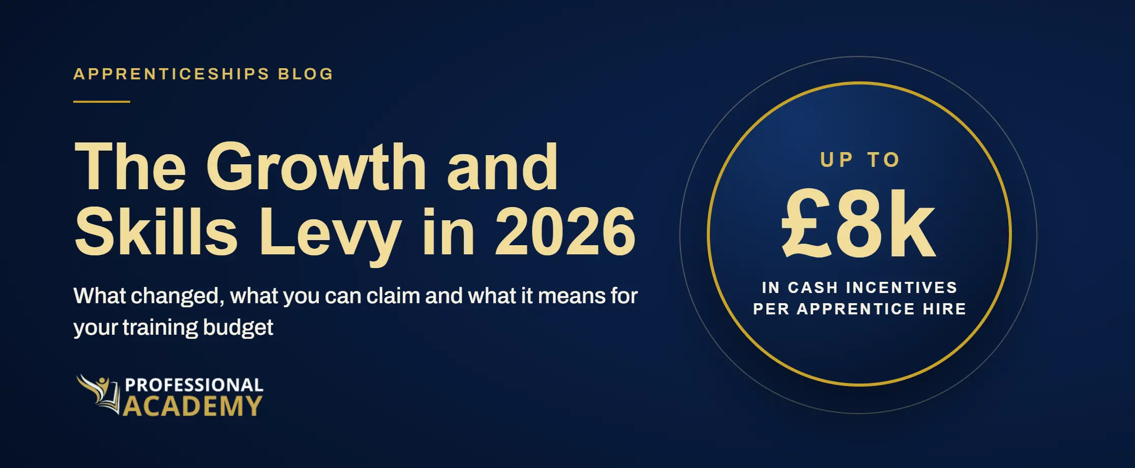 Square navy graphic reading "The Growth and Skills Levy in 2026" in gold