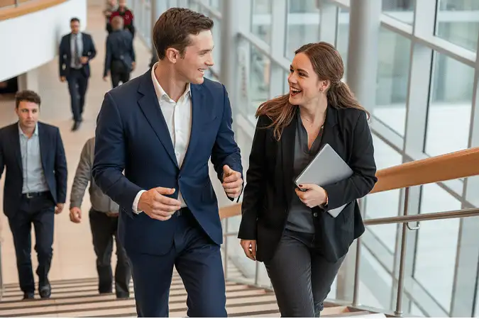 Two professionals walking together in confident conversation through a modern office building.