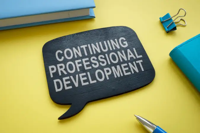 Speech bubble with 'Continuing Professional Development' text on a bright yellow background