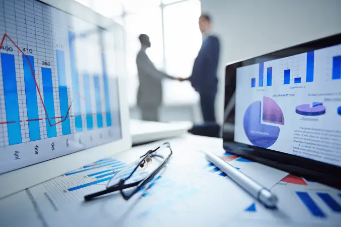 Business analytics workspace with charts and graphs