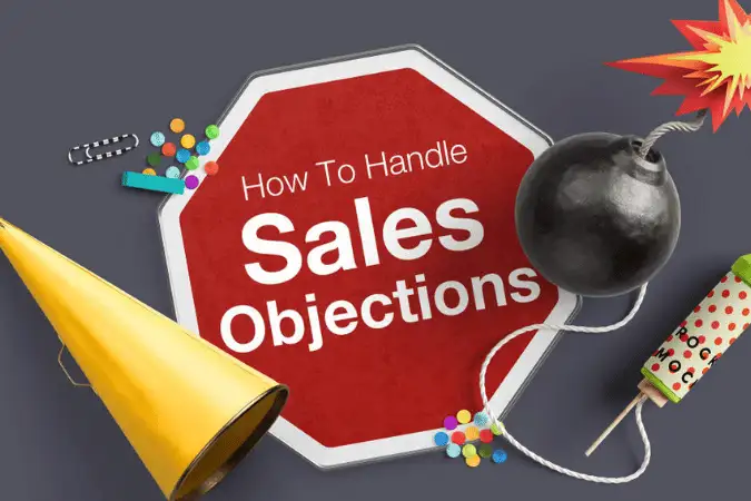 How To Handle Sales Objections' with bomb and explosion graphics.