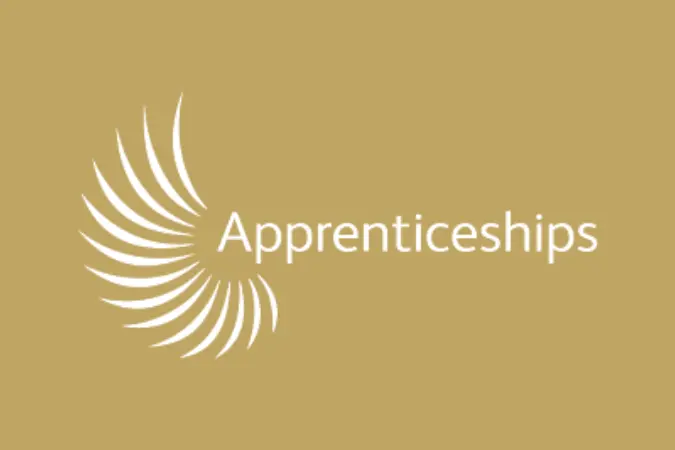 Apprenticeships' and a feather spiral icon on a gold background.