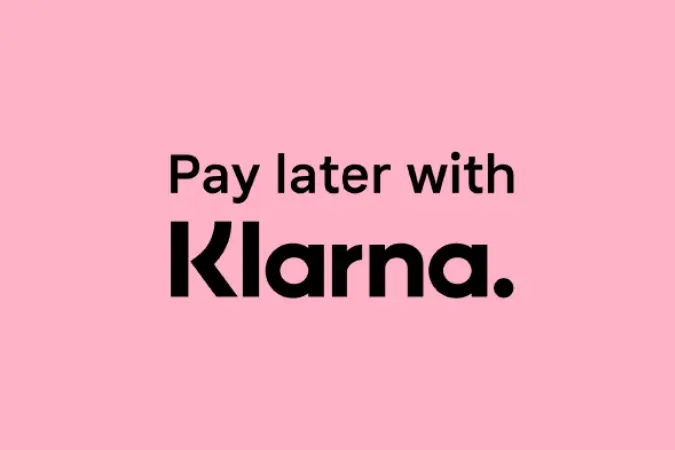 Pink background with text 'Pay later with Klarna' in bold black letters.
