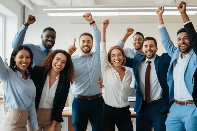 Diverse sales team celebrating success with raised fists in a bright office.
