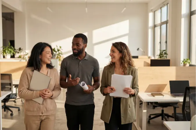 Three colleagues in conversation while walking
